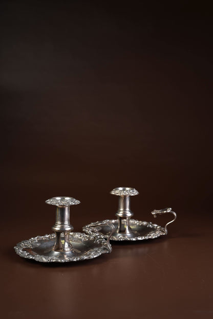 Victorian Silver-Plated Candleholders with Repousse Grape Border