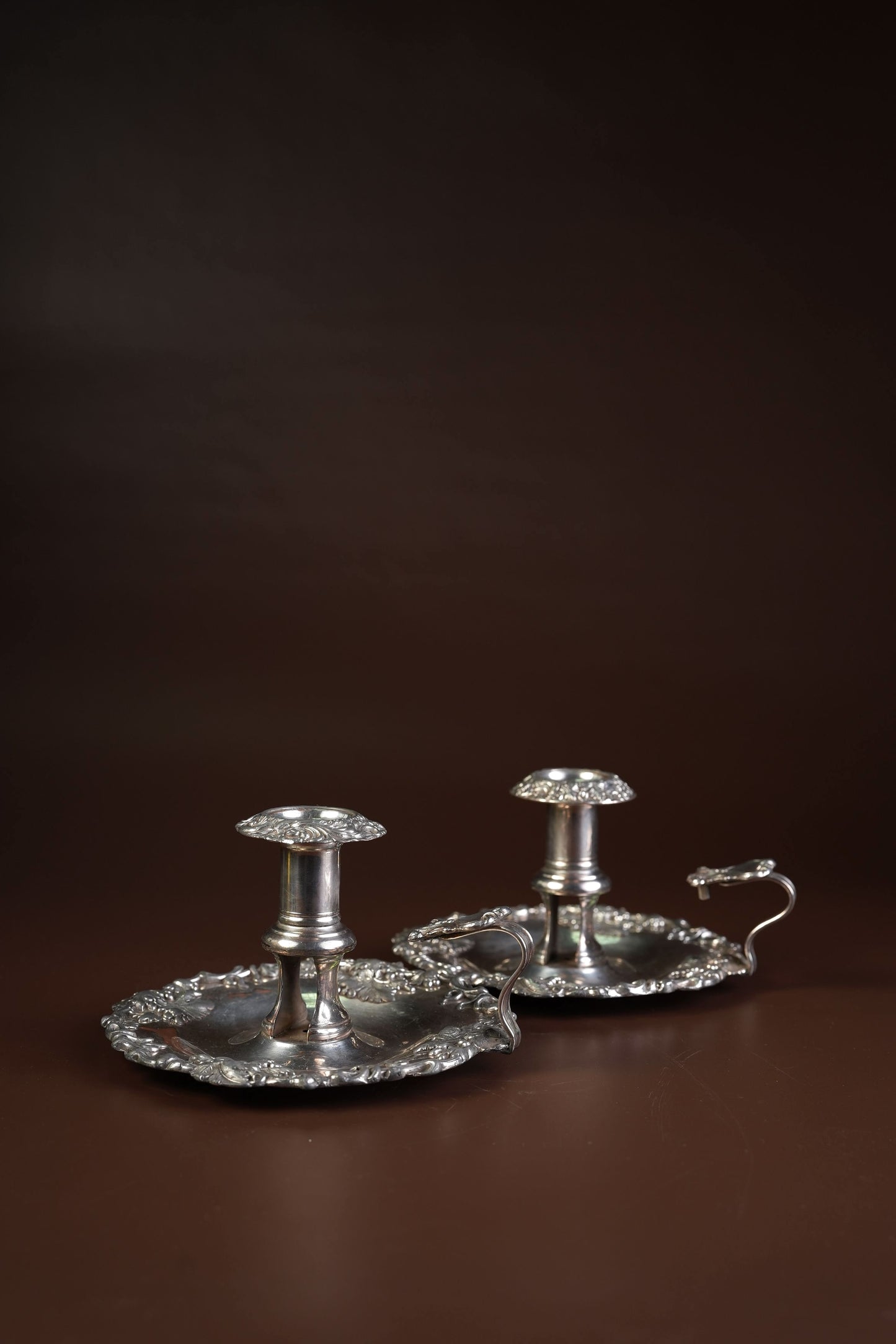 Victorian Silver-Plated Candleholders with Repousse Grape Border