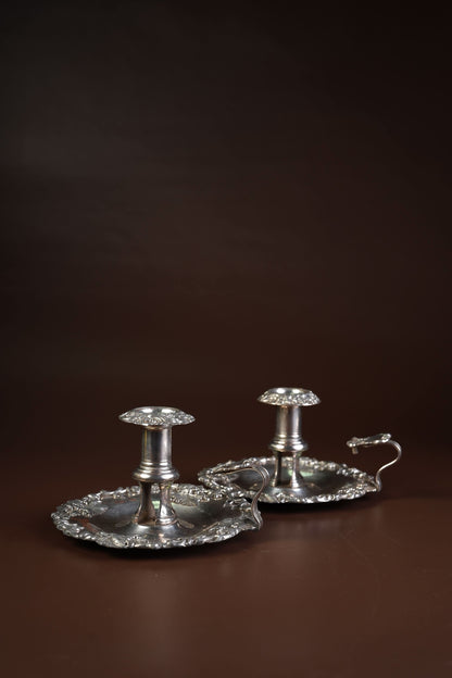 Victorian Silver-Plated Candleholders with Repousse Grape Border