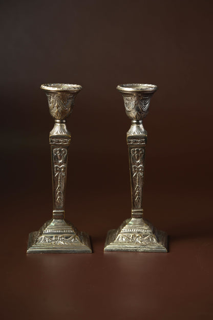 Victorian Silver-Plated Neoclassical Candlesticks with Tassel Detail