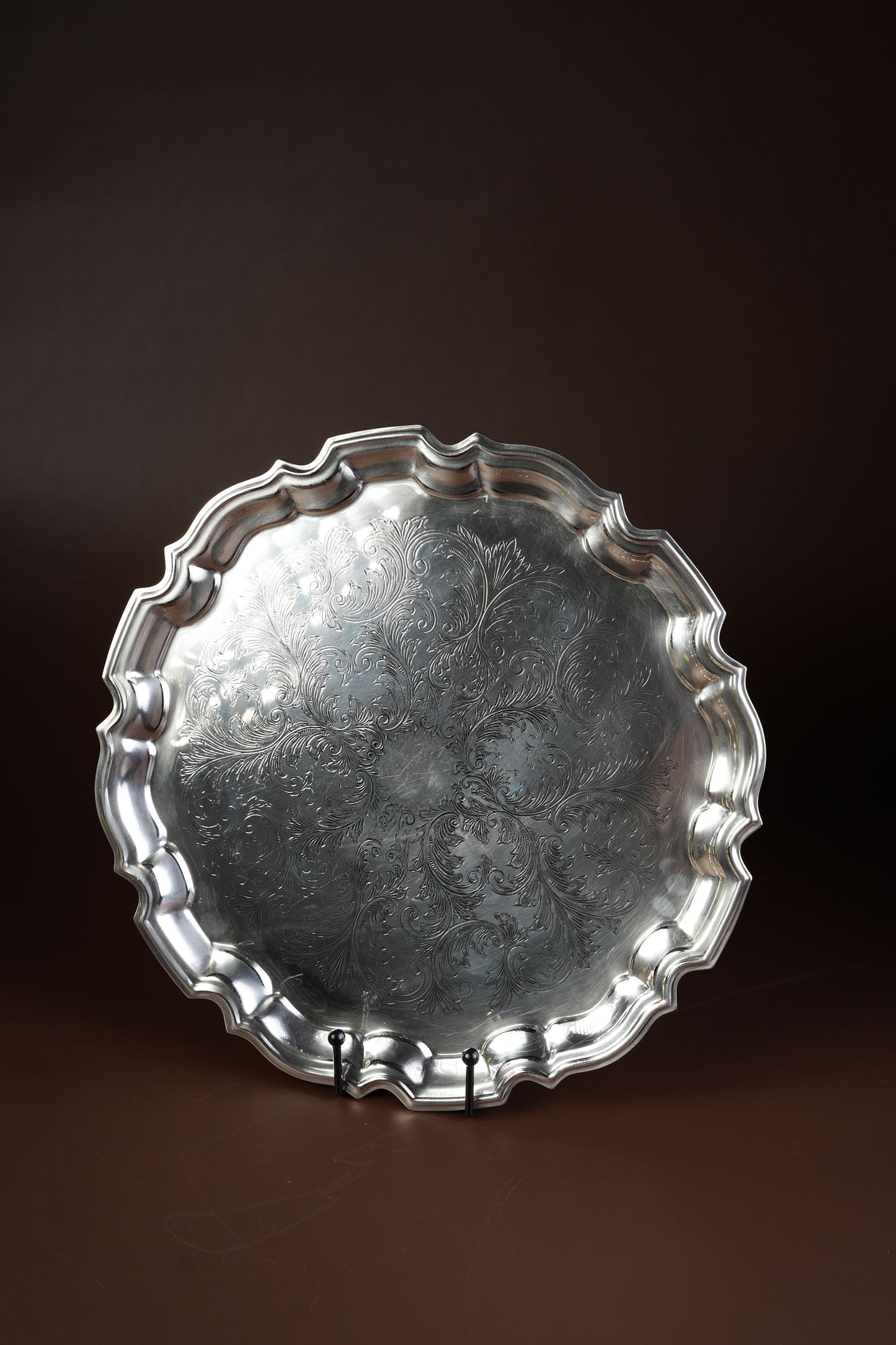 Victorian Silver-Plated Salver Tray with Engraved Scrollwork