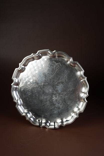 Victorian Silver-Plated Salver Tray with Engraved Scrollwork