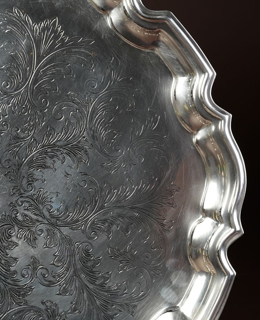 Victorian Silver-Plated Salver Tray with Engraved Scrollwork