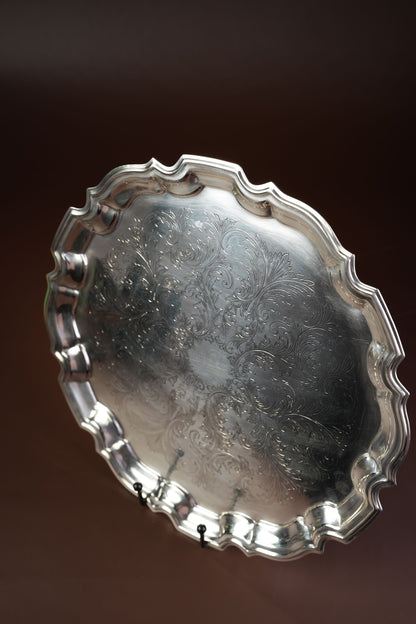 Victorian Silver-Plated Salver Tray with Engraved Scrollwork