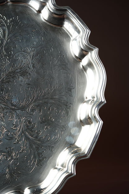 Victorian Silver-Plated Salver Tray with Engraved Scrollwork