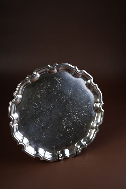 Victorian Silver-Plated Salver Tray with Engraved Scrollwork