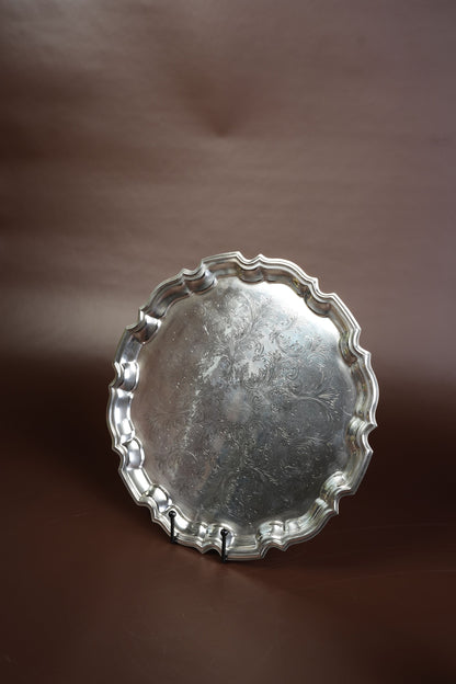 Victorian Silver-Plated Salver Tray with Engraved Scrollwork