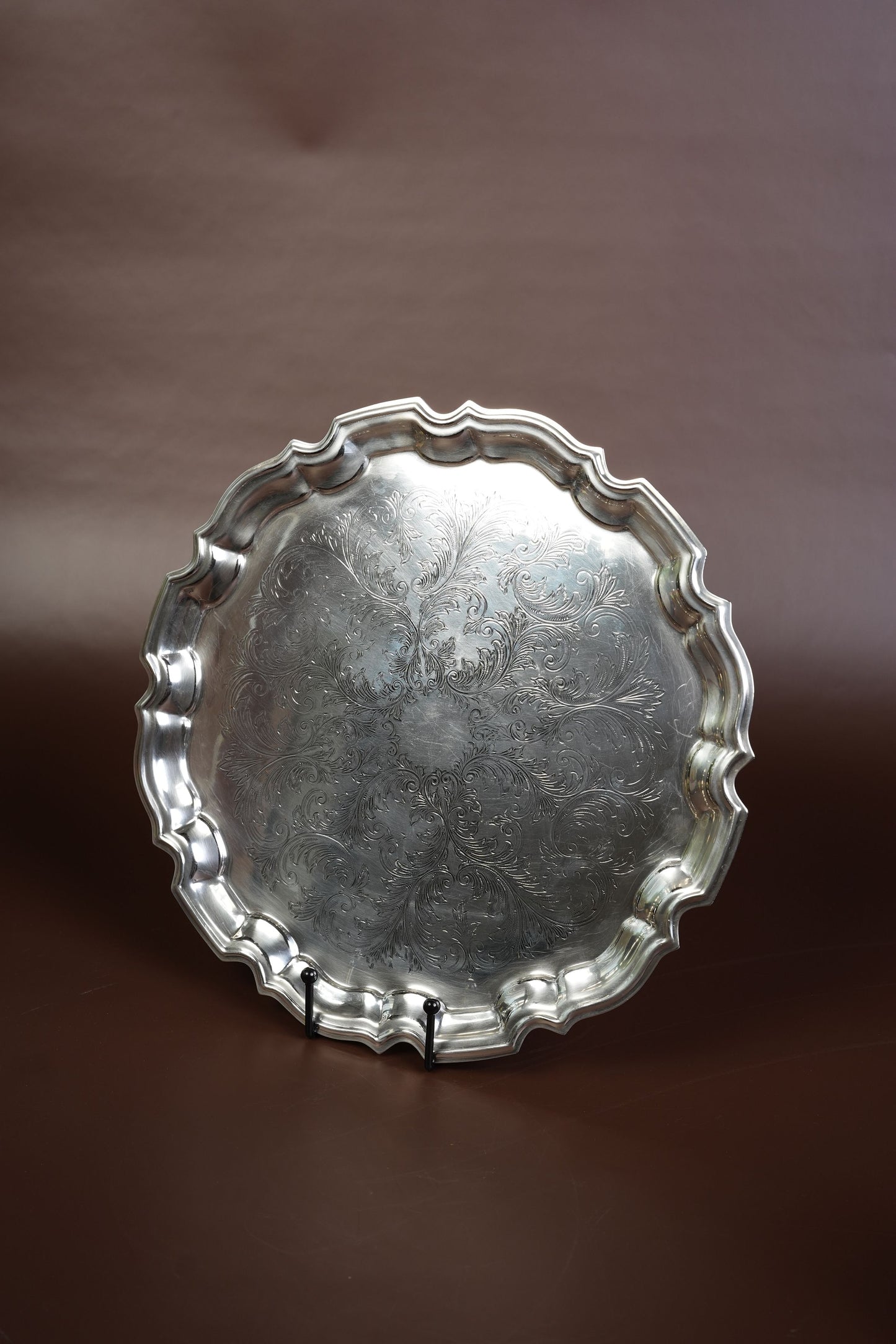 Victorian Silver-Plated Salver Tray with Engraved Scrollwork