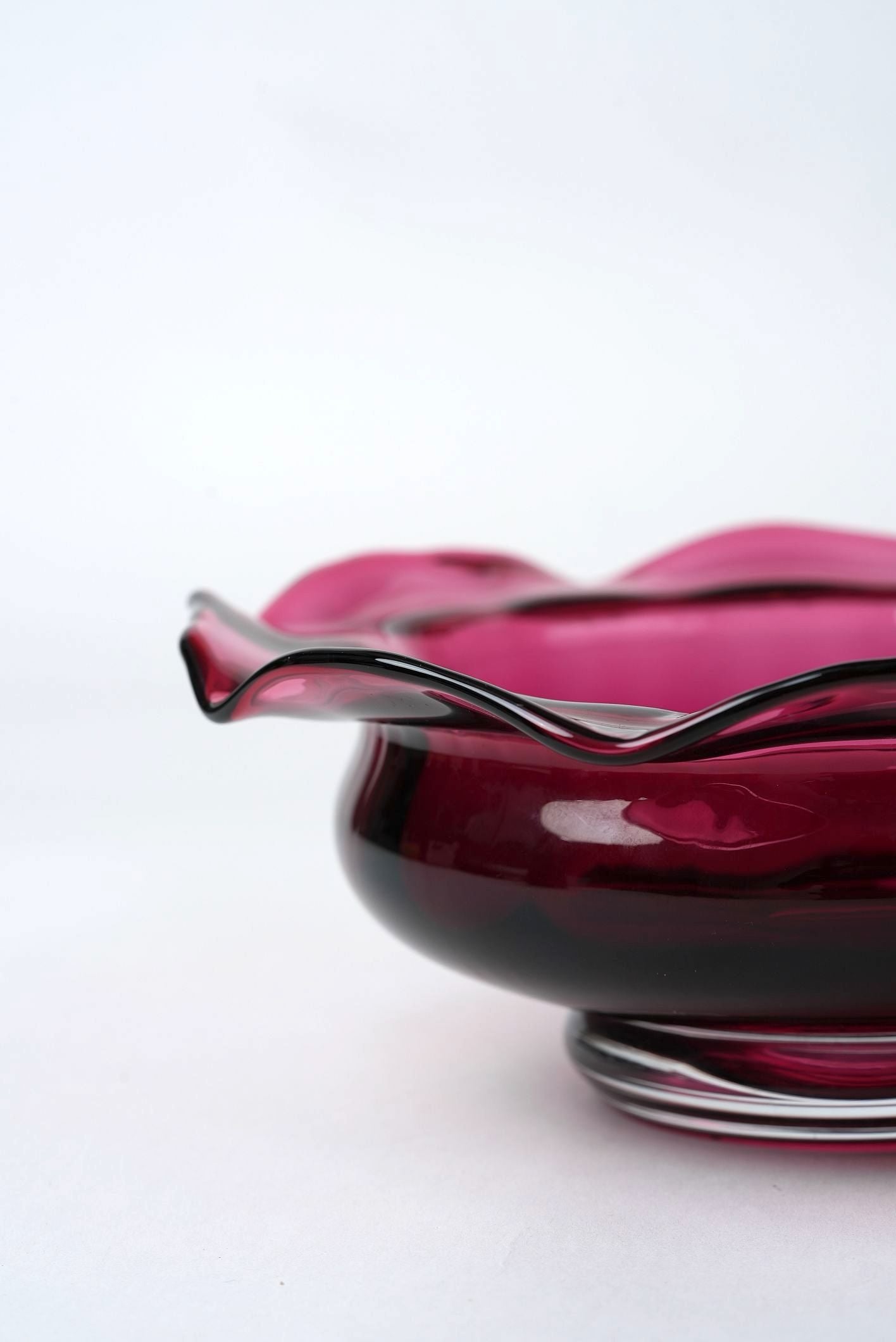 Vintage Cranberry Glass Bowl with Ruffled Rim
