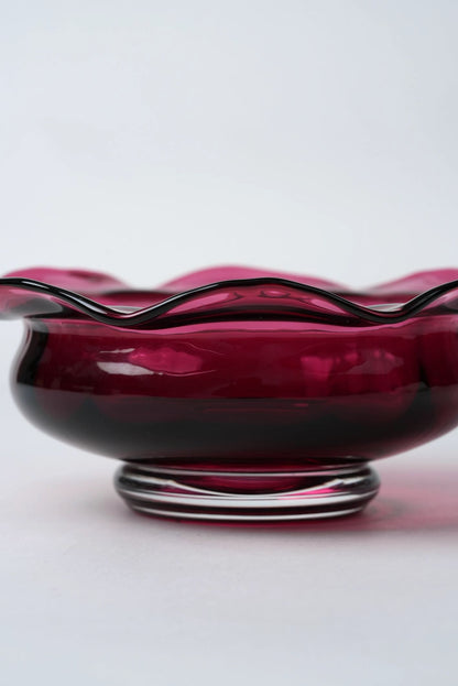 Vintage Cranberry Glass Bowl with Ruffled Rim