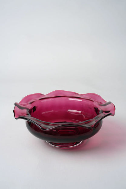 Vintage Cranberry Glass Bowl with Ruffled Rim