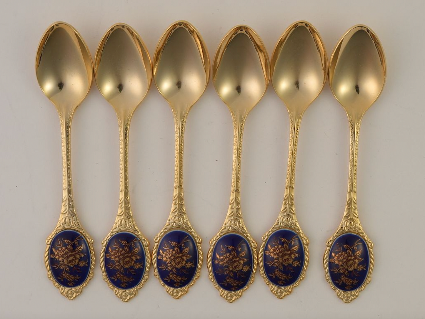 Vintage Tea Spoons With Gilded Floral Inlay | Set of 6