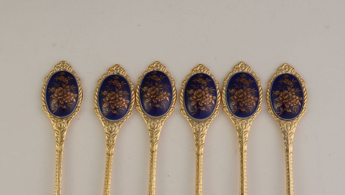 Vintage Tea Spoons With Gilded Floral Inlay | Set of 6