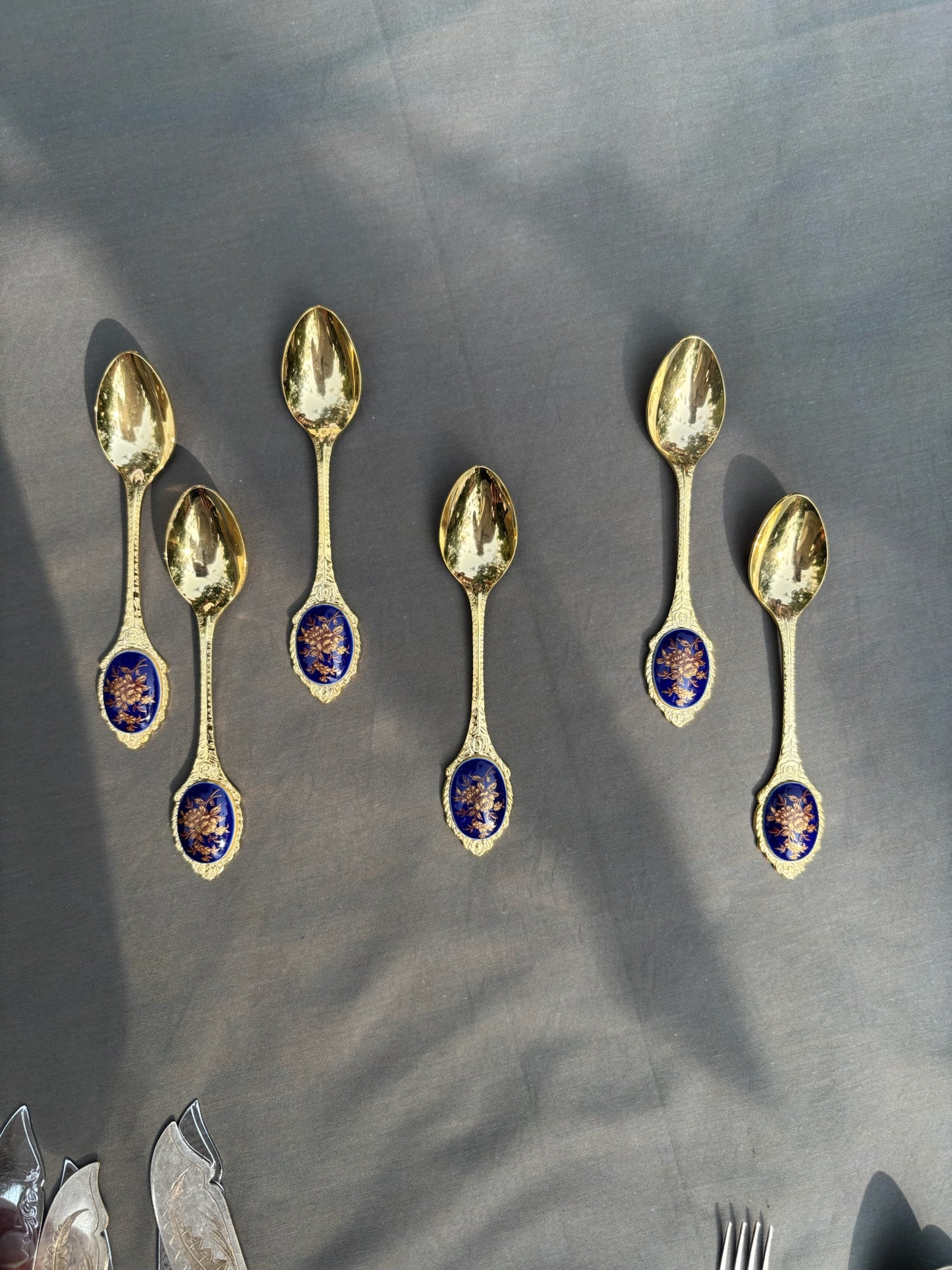 Vintage Tea Spoons With Gilded Floral Inlay | Set of 6