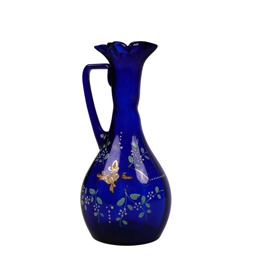 Vintage Cobalt Blue Hand-Painted Blown Glass Vase