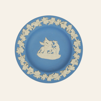 Blue plate with white decorative border and central design - Authentic antique piece 