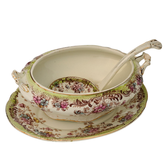 Antique William Northwood “Maine” Pattern Gravy Dish & Ladle | Set of 2