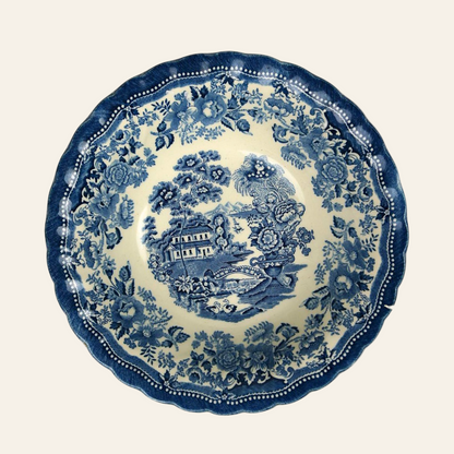 Decorative plate with blue floral and architectural design - Authentic antique piece 