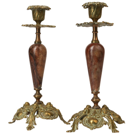 Antique Brass & Marble Candle Stands