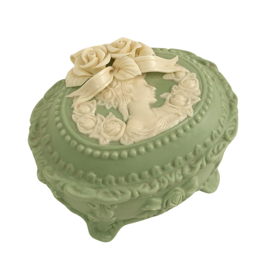 Victorian-Style Green Cameo Trinket Box with Floral Lid