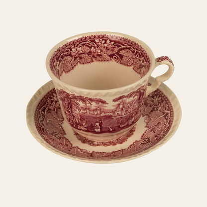 Ceramic cup and saucer with red vintage pattern  - Authentic antique piece 