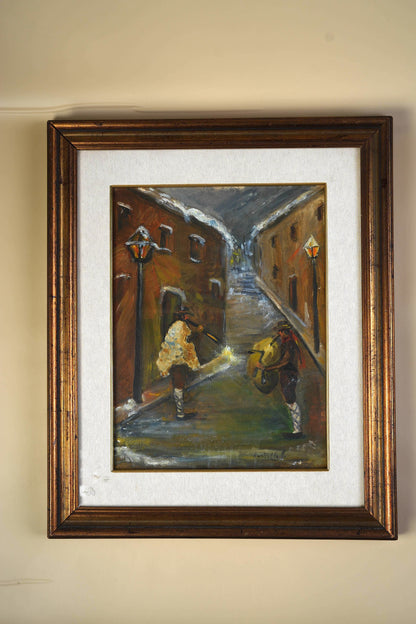 Vintage Oil Painting — Night Alley with Musicians