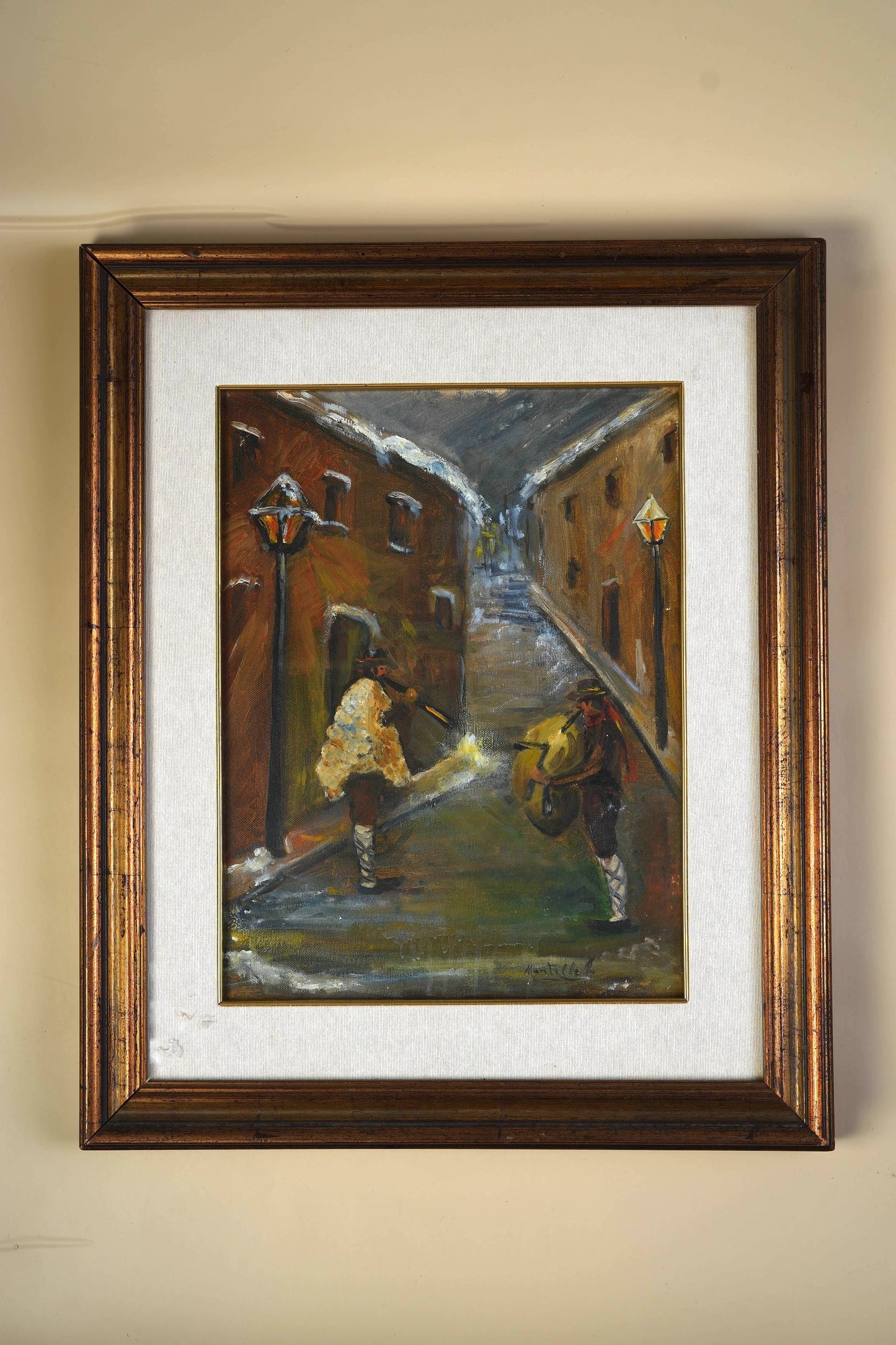Vintage Oil Painting — Night Alley with Musicians