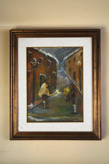 Vintage Oil Painting — Night Alley with Musicians