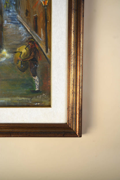 Vintage Oil Painting — Night Alley with Musicians