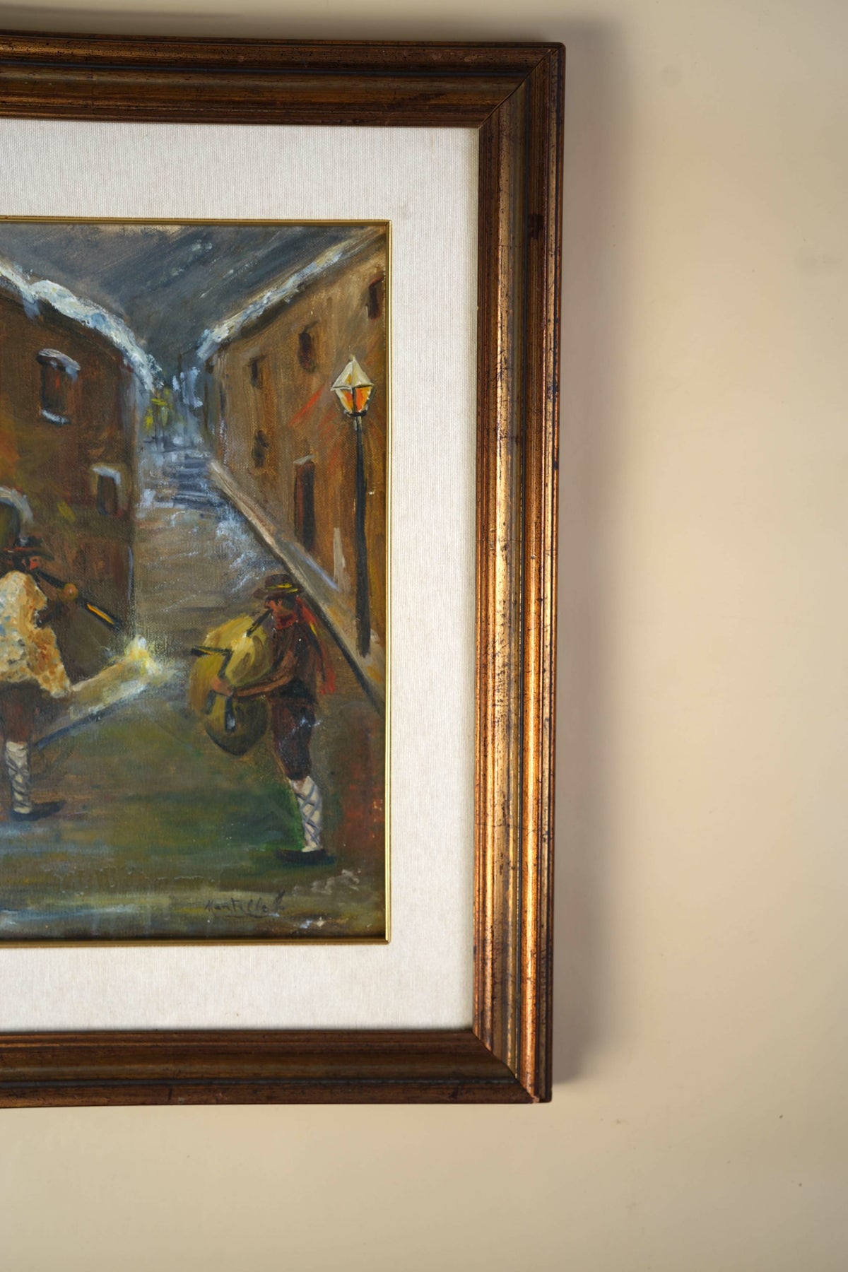 Vintage Oil Painting — Night Alley with Musicians