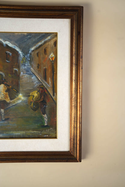 Vintage Oil Painting — Night Alley with Musicians