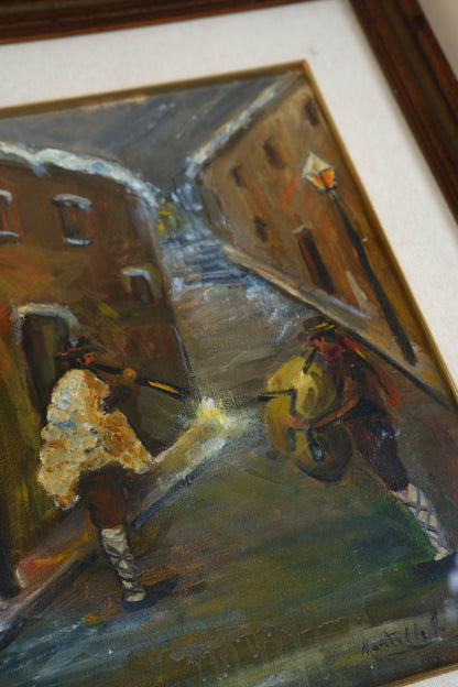 Vintage Oil Painting — Night Alley with Musicians