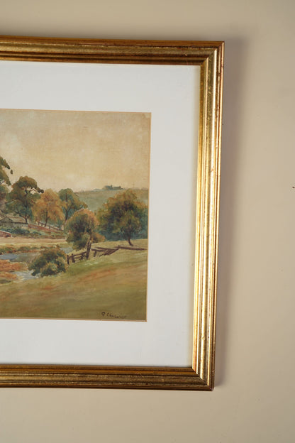 Vintage Watercolour — Cottages by the Stream