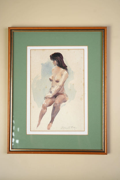 Vintage Watercolour — Seated Nude Figure Study