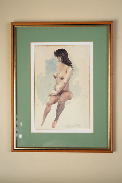 Vintage Watercolour — Seated Nude Figure Study