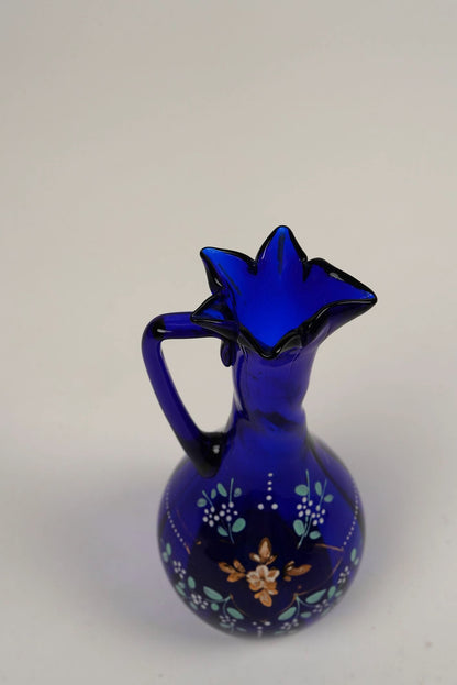 Vintage Cobalt Blue Hand-Painted Blown Glass Vase