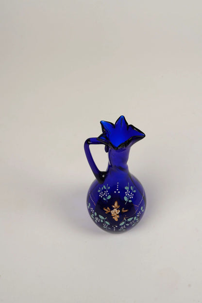 Vintage Cobalt Blue Hand-Painted Blown Glass Vase