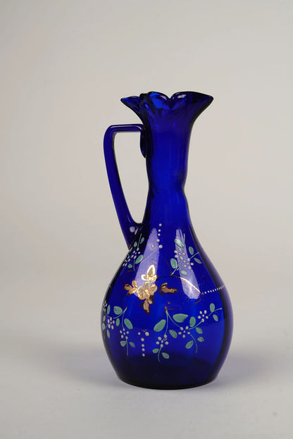 Vintage Cobalt Blue Hand-Painted Blown Glass Vase