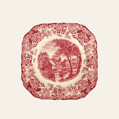 Red and white patterned plate with scenic design - Authentic antique piece 