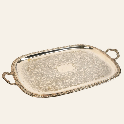 Silver ornate tray with handles - Authentic antique piece 