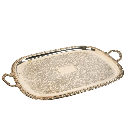 Ornate Silver-Plated Engraved Serving Tray with Handles