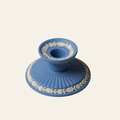 Blue ceramic candle holder with decorative white patterns on a white background wedgwood - 