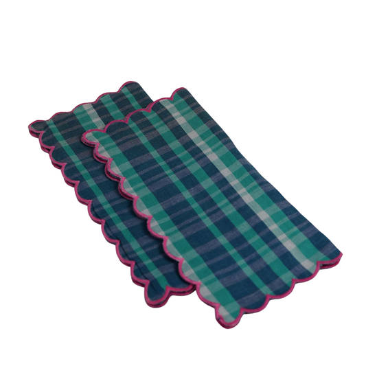 Blue Check Cotton Napkins with Pink Scalloped Edge  | Set of 2