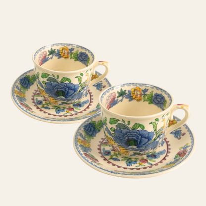 Two ceramic teacups with floral designs - Authentic antique piece 