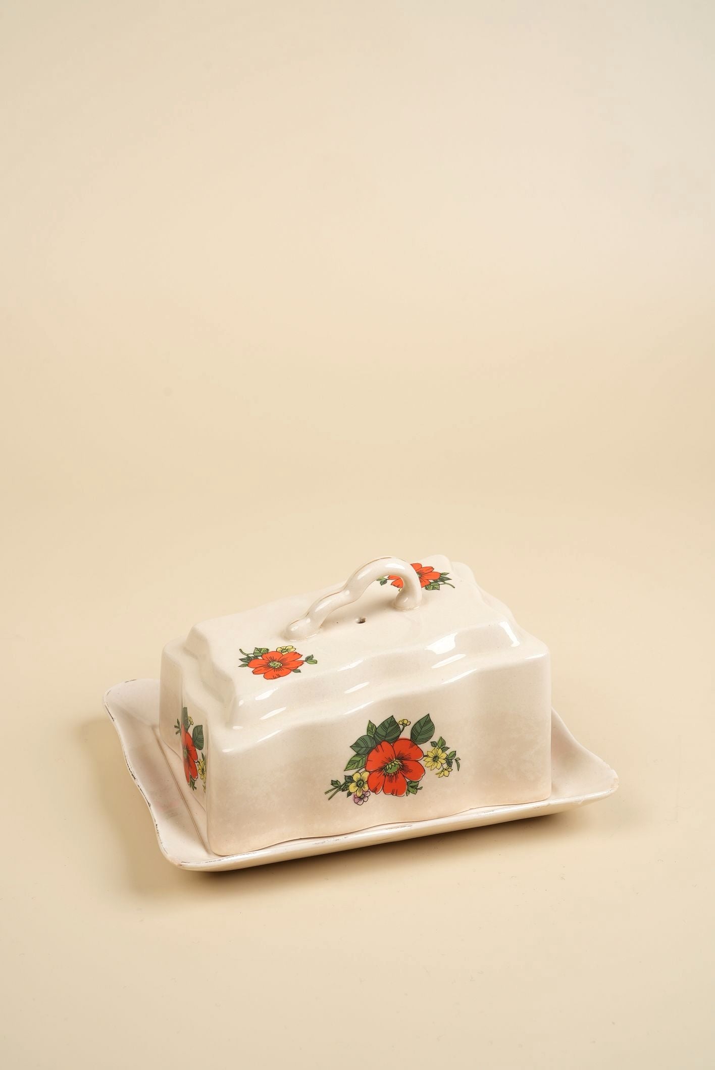 Vintage Red Flower Butter Dish