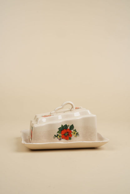Vintage Red Flower Butter Dish