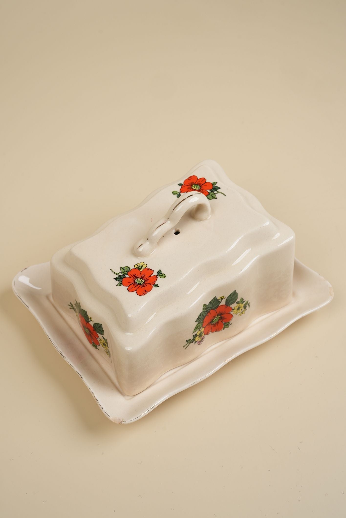Vintage Red Flower Butter Dish