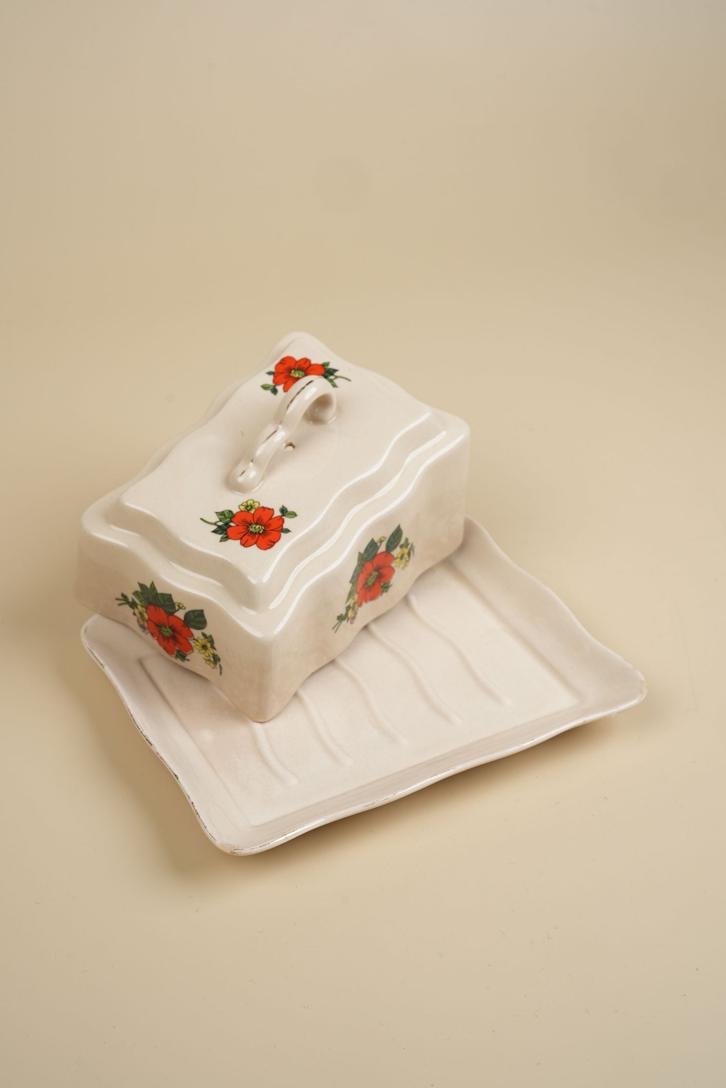 Vintage Red Flower Butter Dish