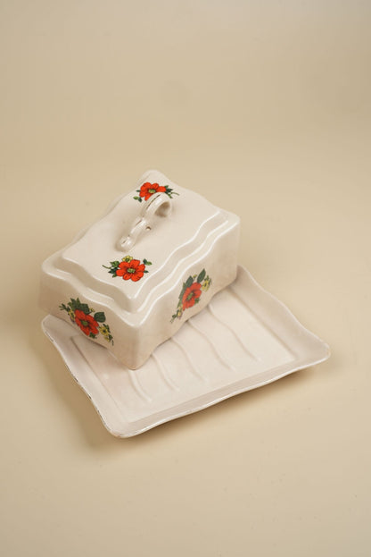 Vintage Red Flower Butter Dish