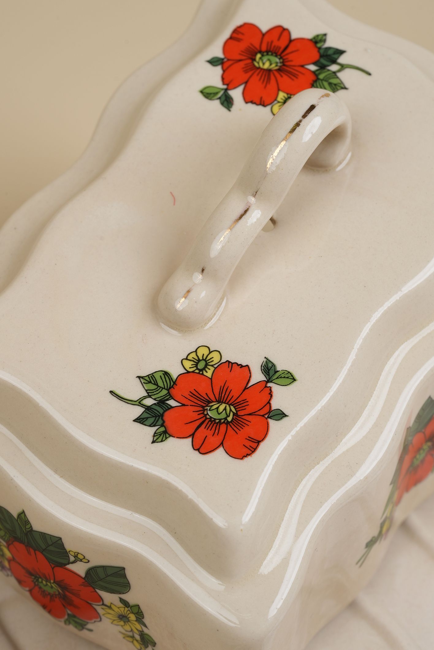 Vintage Red Flower Butter Dish
